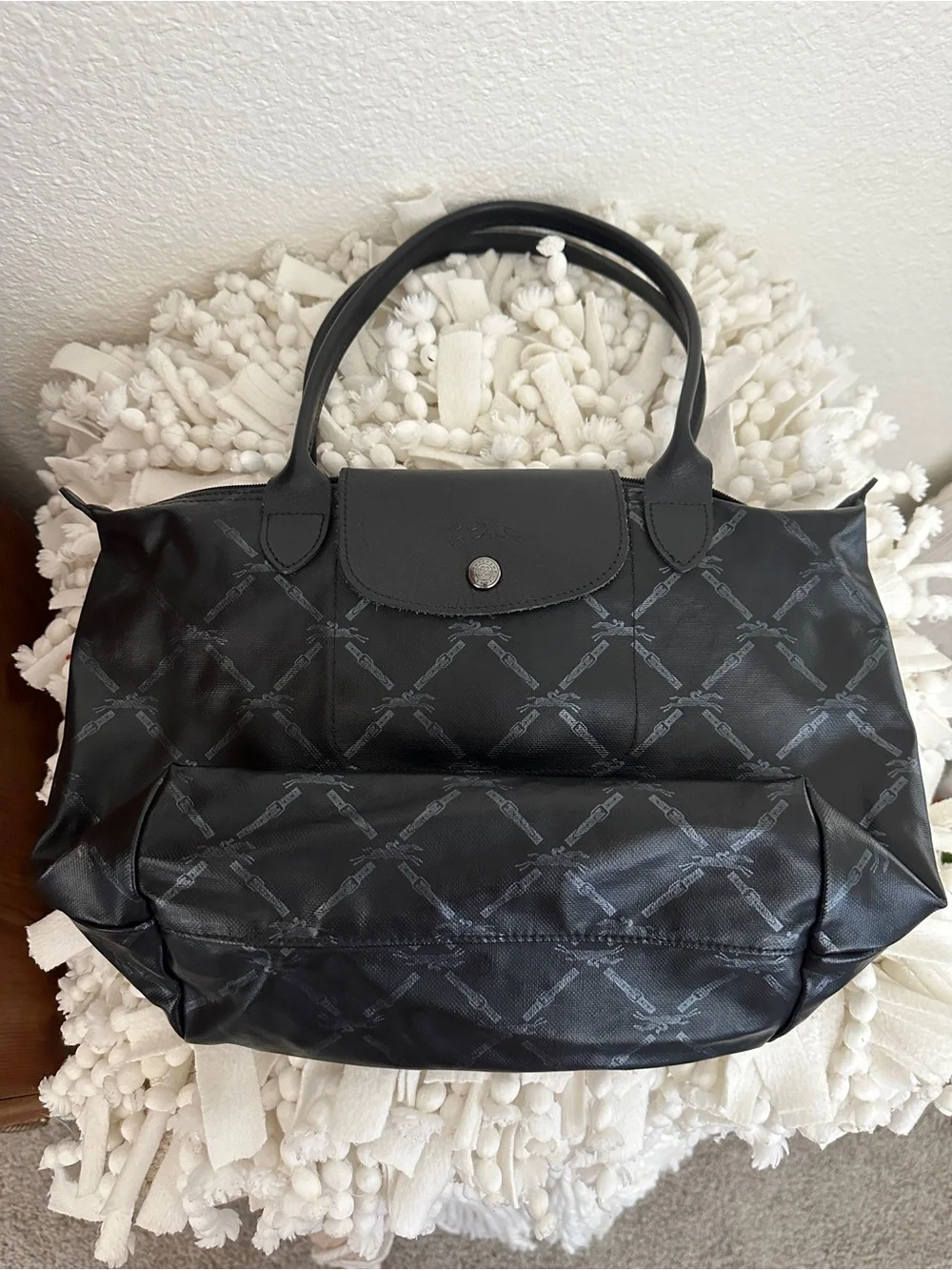 LONGCHAMP Le Pliage S Coated Canvas Horse Pattern Tote Bag Black Small - Picture 12 of 14